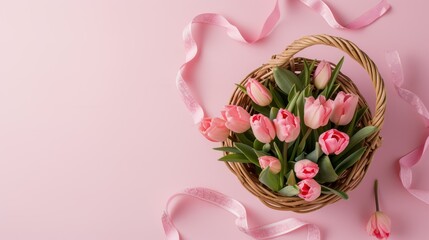 Pink tulips in basket with ribbons, isolated on pink background