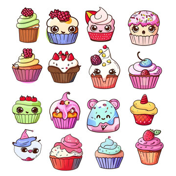 a group of cupcakes with faces cartoon illustrator.