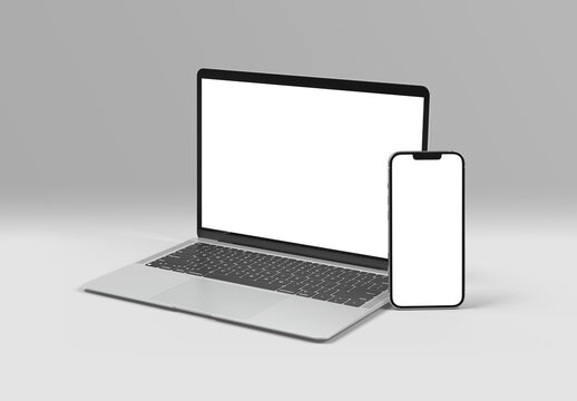 PARIS - France - September 1, 2023: Newly released Apple Macbook Air and Iphone 14, Silver color. Side view. 3d rendering laptop screen mockup on white
