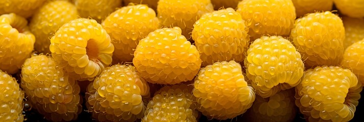 Fresh wet yellow raspberry berries background, backdrop, banner, texture. Yellow raspberry closeup shot with water drops