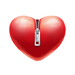 Cartoon red three-dimensional heart with a silver zipper in the middle. Hand-drawn, hatching. Romance, Valentine's Day. Illustration on a transparent background. 