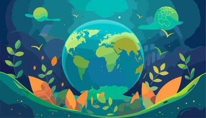 A flat vector illustration of the Earth with green leaves and plants on it