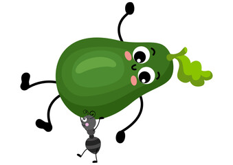 Cute ant carrying a funny avocado mascot