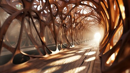 Modern art wooden corridor design. A long wooden passage. A perspective disappearing into the...