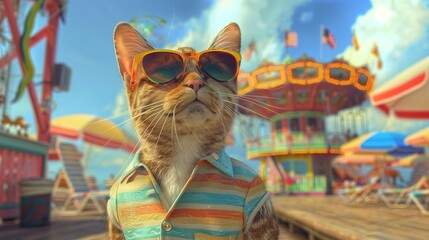 Envision a bustling boardwalk scene, where a suave cat strolls leisurely in stylish sunglasses and a breezy, striped summer shirt. - obrazy, fototapety, plakaty