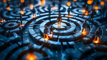 A detail of people with a labyrinth background.