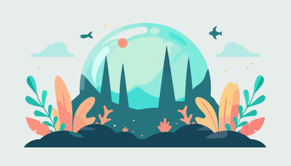 Abstract flat vector illustration of a forest landscape inside a bubble