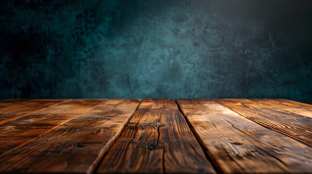 Real wood table top texture on dark room interior design background.