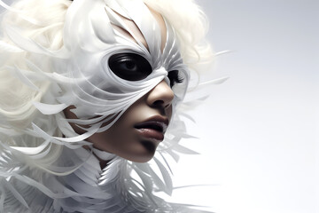 Fashion Surreal Concept. Closeup portrait of black woman in avant garde ethereal futuristic swirl edgy headgear mask. illuminated dynamic composition. sensual, advertisement, magazine. copy space
