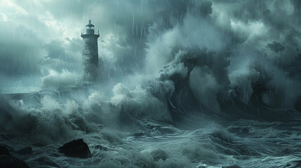 A fierce tempest pounds the sturdy lighthouse with towering waves, yet it remains resolute against the relentless fury of the ocean's assault - obrazy, fototapety, plakaty