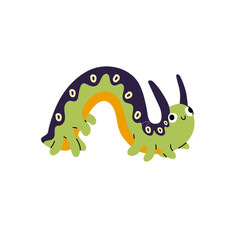 Cute butterfly larva character with adorable antennas. Curled caterpillar with happy facial expression. Amusing patterned worm. Little insect, centipede. Flat isolated vector illustration on white