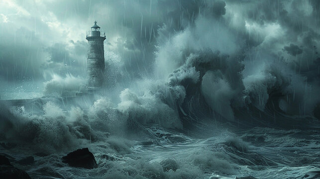 A fierce tempest pounds the sturdy lighthouse with towering waves, yet it remains resolute against the relentless fury of the ocean's assault