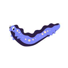 Adorable blue centipede with sad facial expression. Cute caterpillar character with upset emotions. Offended butterfly larva, little worm. Flat isolated vector illustration on white background