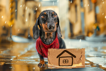 Abandoned pathetic dachshund dog standing in rain on street with cardboard house sign, looking for family Orphan puppy lost, sitting confused in puddle on street Pet shelter, animal protection charity