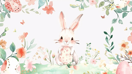 Happy easter!  elegant trendy watercolor illustration of cute Easter bunny with floral wreath, Easter eggs pattern, flowers, leaves and branches frame for greeting card, background or invitation