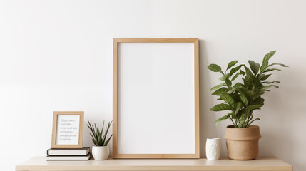 Wooden frame mockup in scandi interior with plant in pot and pile of books, White wall background.