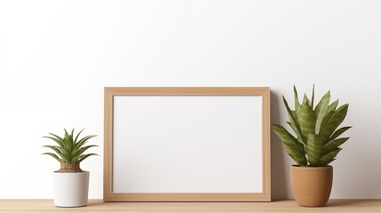 Wooden frame mockup in scandi interior with plant in pot and pile of books, White wall background.