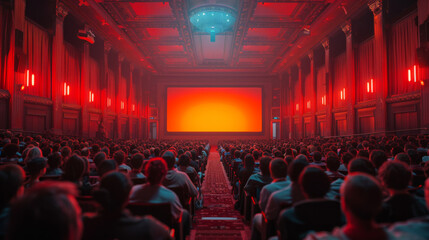 Cinema. White screen in the cinema and the audience watching the movie.