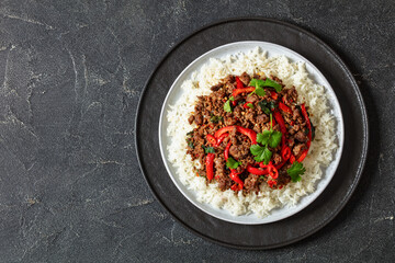 Thai holy basil stir fry with ground beef on plate
