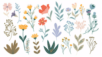 Spring Illustration Elements with Flowers and Plants