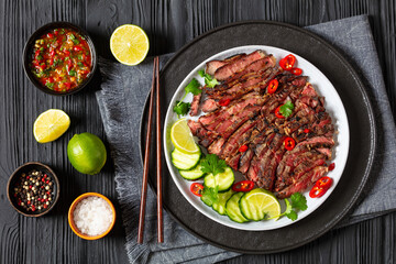 crying tiger, grilled and thinly sliced ribeye steak