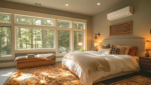 A cozy bedroom with a vintagestyle fireplace now retrofitted with a modern ductless minisplit AC unit for efficient cooling during hot summer nights.