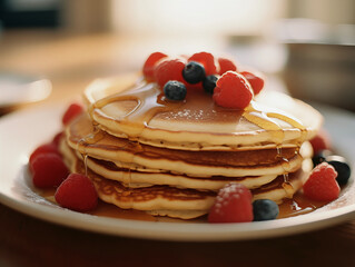 Pancakes with berries and syrup. Maslenitsa Pancake week. Healthy breakfast. Cozy morning.