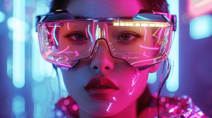 A head-on view of a person adorned with futuristic glasses radiating with neon light effects in a cyberpunk setting