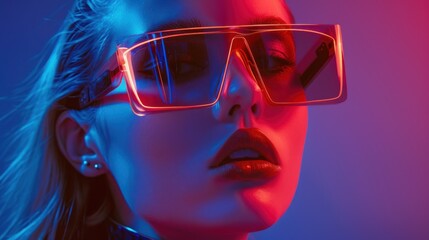 Side profile of a woman wearing cyberpunk sunglasses with futuristic neon lights casting vibrant hues