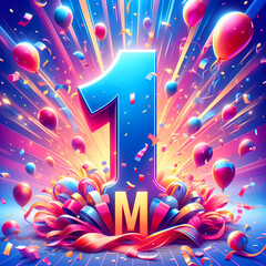 Commemorate the milestone of reaching one million subscribers with a celebratory image capturing the joy and gratitude of the achievement, the number "1M", generative ai