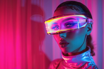 A futuristic image featuring a subject with cyberpunk glasses illuminated by neon lights creating a vibrant scene