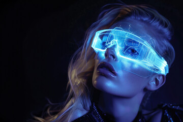 A woman enveloped in electric blue light creates a compelling and darkly futuristic image