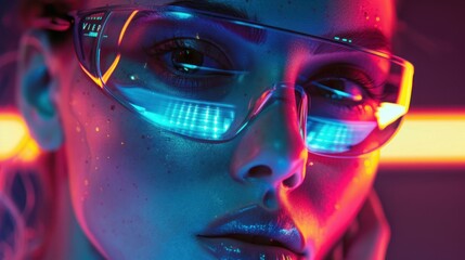An abstract composition focused on reflections of neon lights on cyberpunk style glasses, dominated by vibrant colors