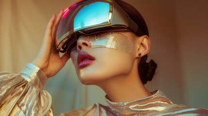 Young woman experiencing virtual reality with a modern headset, surrounded by neon lighting and holographic effects