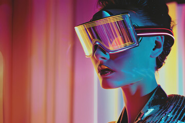Profile of a futuristic woman immersed in neon lights, evoking VR technology and cyberpunk vibes