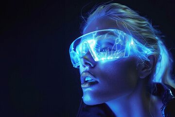 An enigmatic woman wearing an illuminated headset casts a blue glow, hinting at futuristic technology and innovations