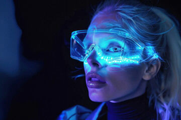 A profile shot emphasizing cyberpunk aesthetics with neon glowing headset and futuristic fashion