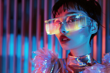 A striking image of a mannequin head embellished with futuristic LED glasses in a vibrant color palette
