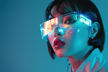 A model exhibits a cyberpunk-inspired outfit, intriguingly lit by a blue light that casts a futuristic glow