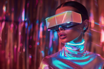 A person is adorned in iridescent clothing with reflective sunglasses, lit by captivating light