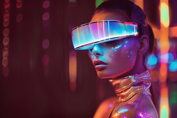 A woman in a futuristic outfit with holographic glasses surrounded by neon lights and vibrant colors