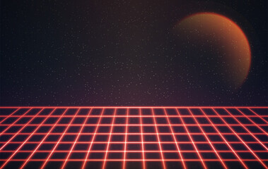 Laser Neon Grid With Stars and Halo. Retro Futuristic Design in 80s Style. Synthwave, Retrowave, Vaporwave Theme