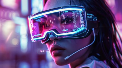 A dynamic close-up of a female adorned with neon light glasses, embodying the spirit of nightlife and festivity