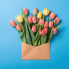 Pink and yellow tulips in envelope on blue background.