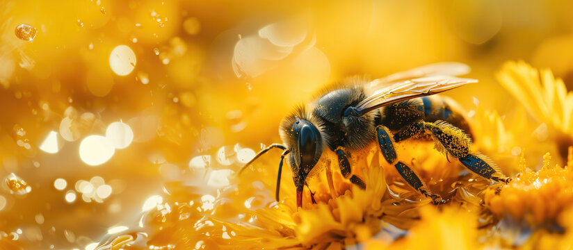 A macro shot of a bee on yellow flowers, with abstract honey droplets glistening in the sunlight