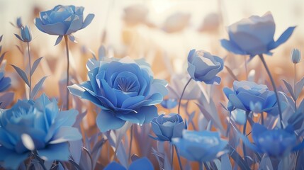 In a sun-kissed meadow, an enchanting arrangement of meticulously crafted blue paper flowers blooms under the soft glow of dawn, evoking a sense of tranquility and grace.4