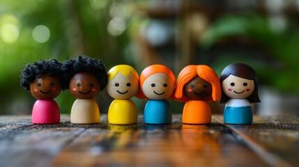 Wooden dolls in the shape of people in a variety of colors, with a variety of facial features and skin tones.