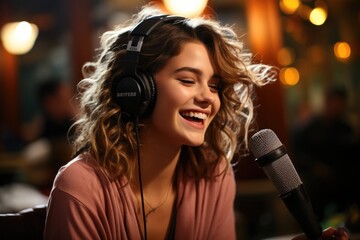 Female singer with headphones performing with microphone.