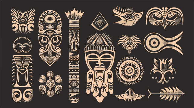Tribal art tattoo set with Maori ethnic elements. Flat.