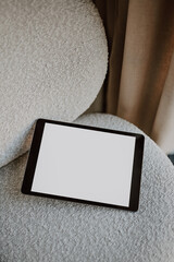 minimalist beige aesthetic tablet mockup, boucle